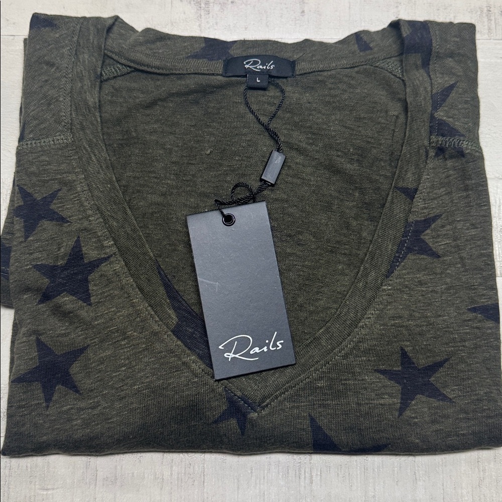 Rails Sami Drop Shoulder V-neck Linen Blend long sleeve Tee In Sage Black Stars